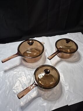 Vintage CorningWare Vision Amber Glass Saucepans Cookware Set 3 Pcs with Lids
